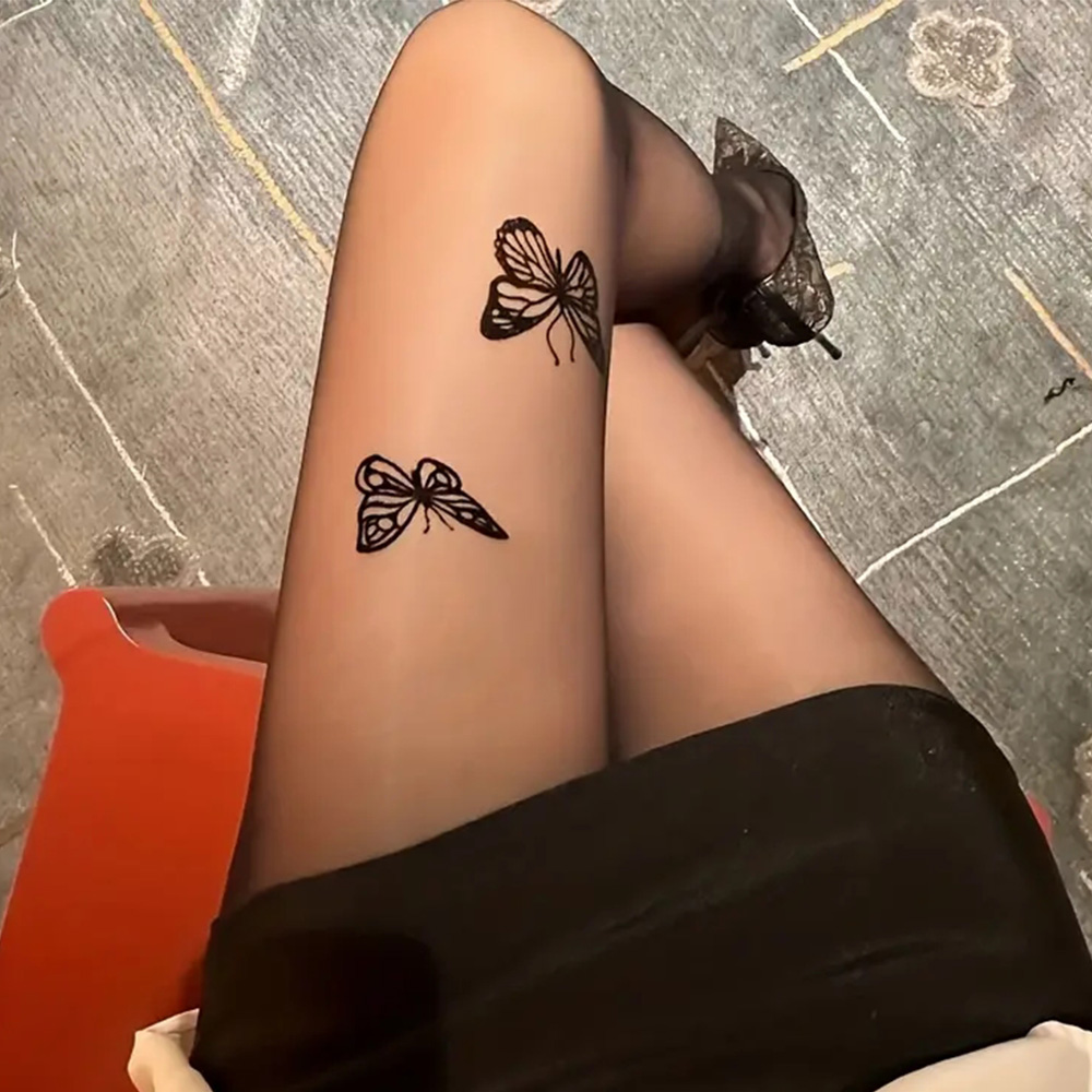 Medias negras sexis para mujer, pantimedias de seda transparente con estampado de mariposa Y2K Vintage para niñas, medias finas hasta el muslo de verano Lolita