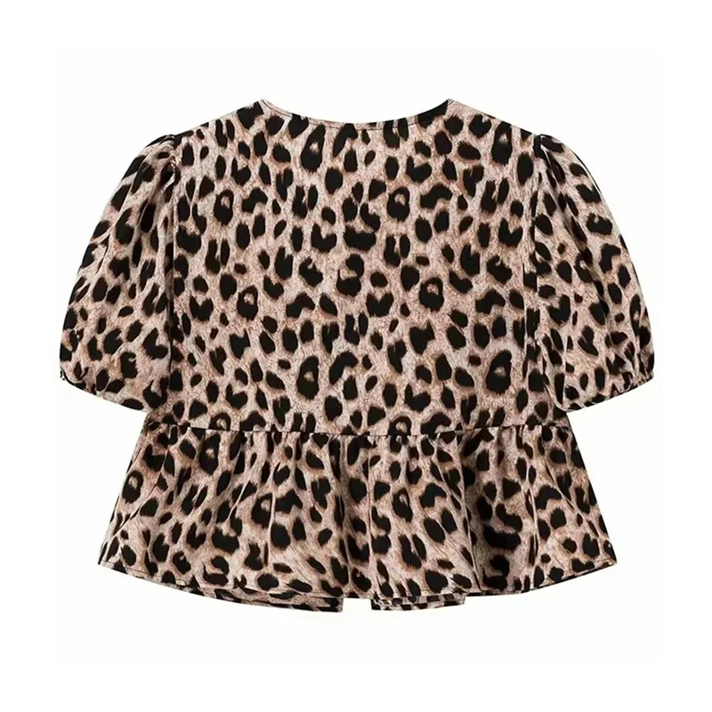 MUJER Top corto con stampa leopardata Camicette con volant con maniche a sbuffo Donna 2025 Camicie e camicette estive per donna Top da donna con volant