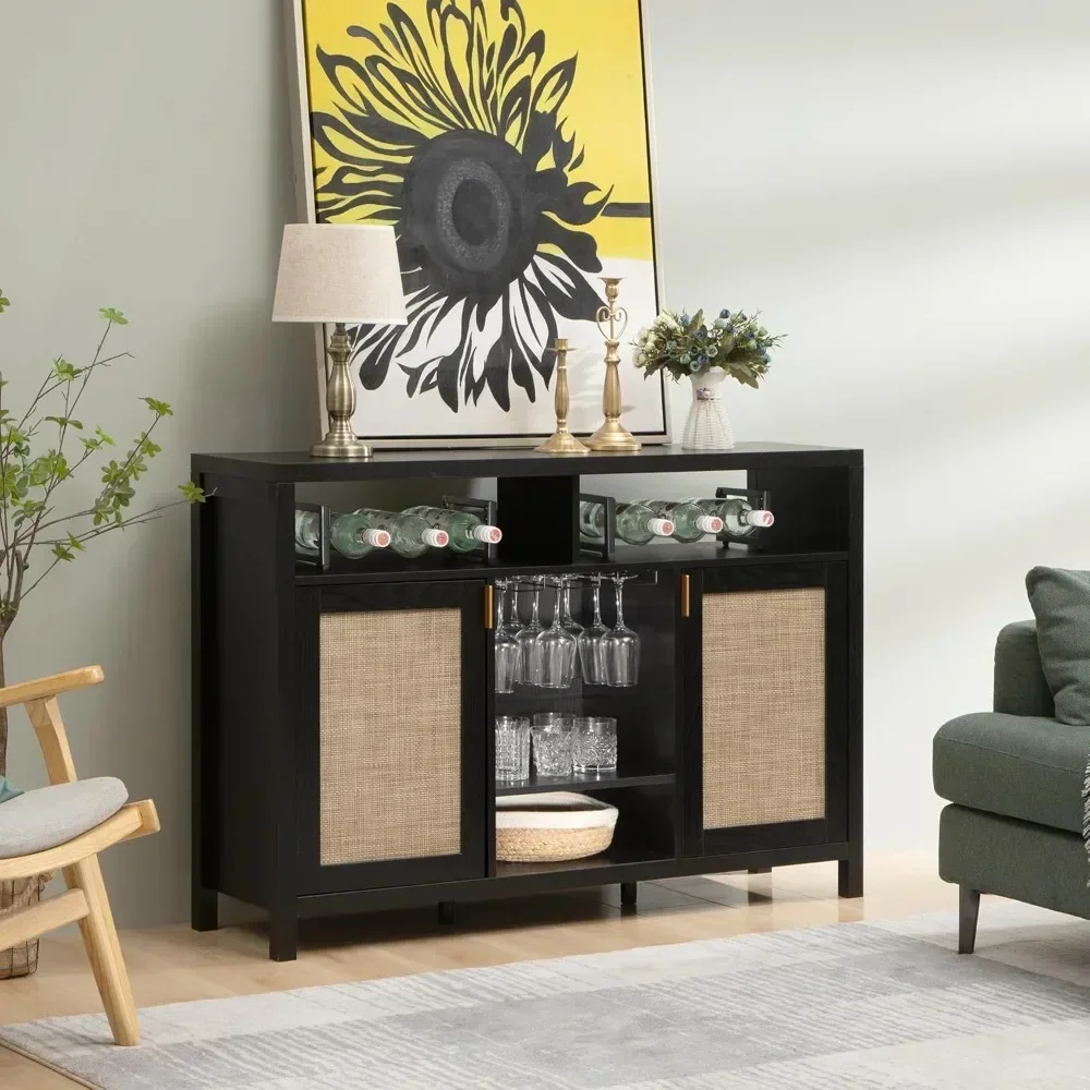 Rattan Coffee Bar Cabinet, Modern Liquor Cabinet with Wine Racks Credenza, 51" Sideboard Buffet Cabinet with Storage