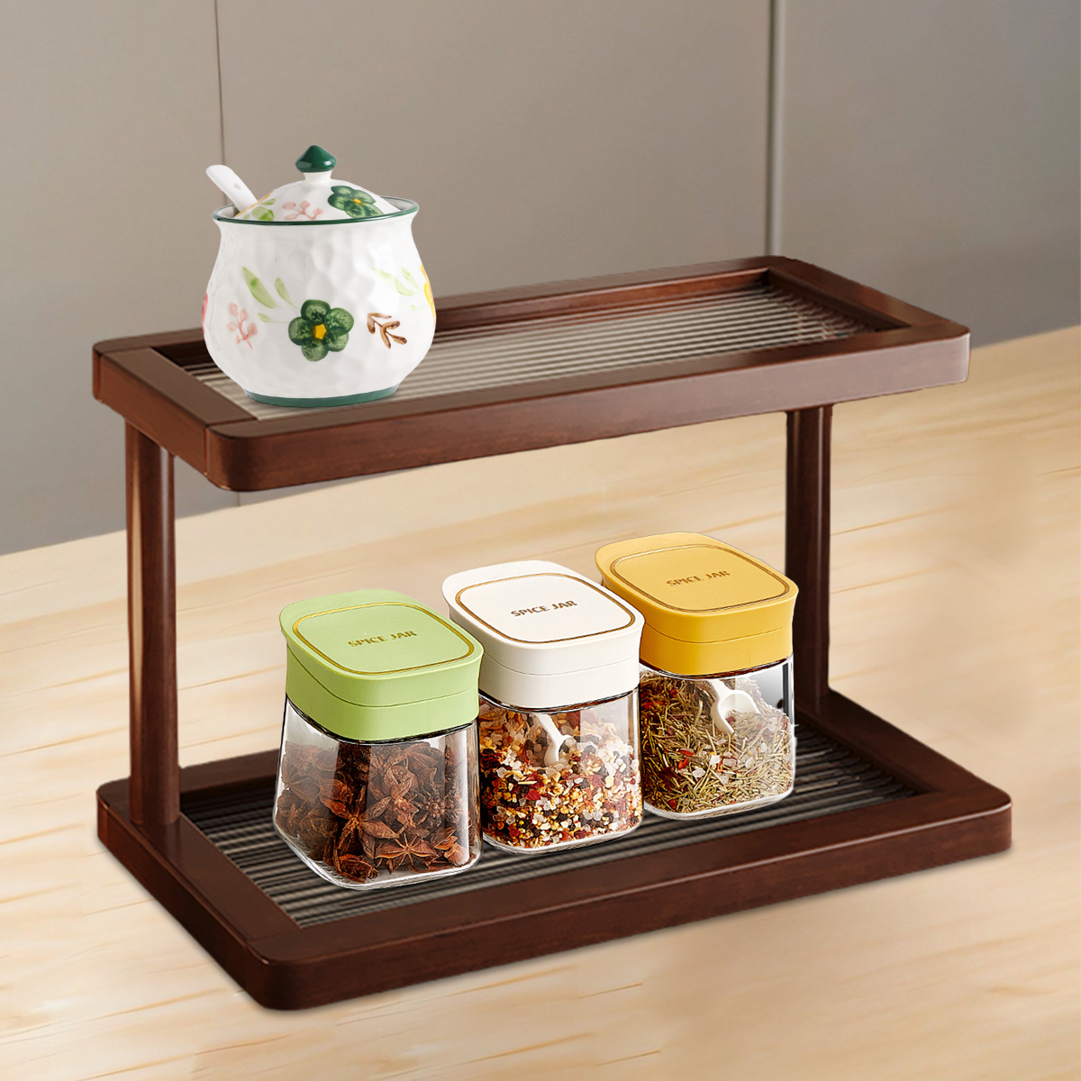 Organizador de vaidade de bambu de 2 camadas com base acrílica, rack de armazenamento ecológico de cosméticos/perfumes para banheiro e cozinha (noz)