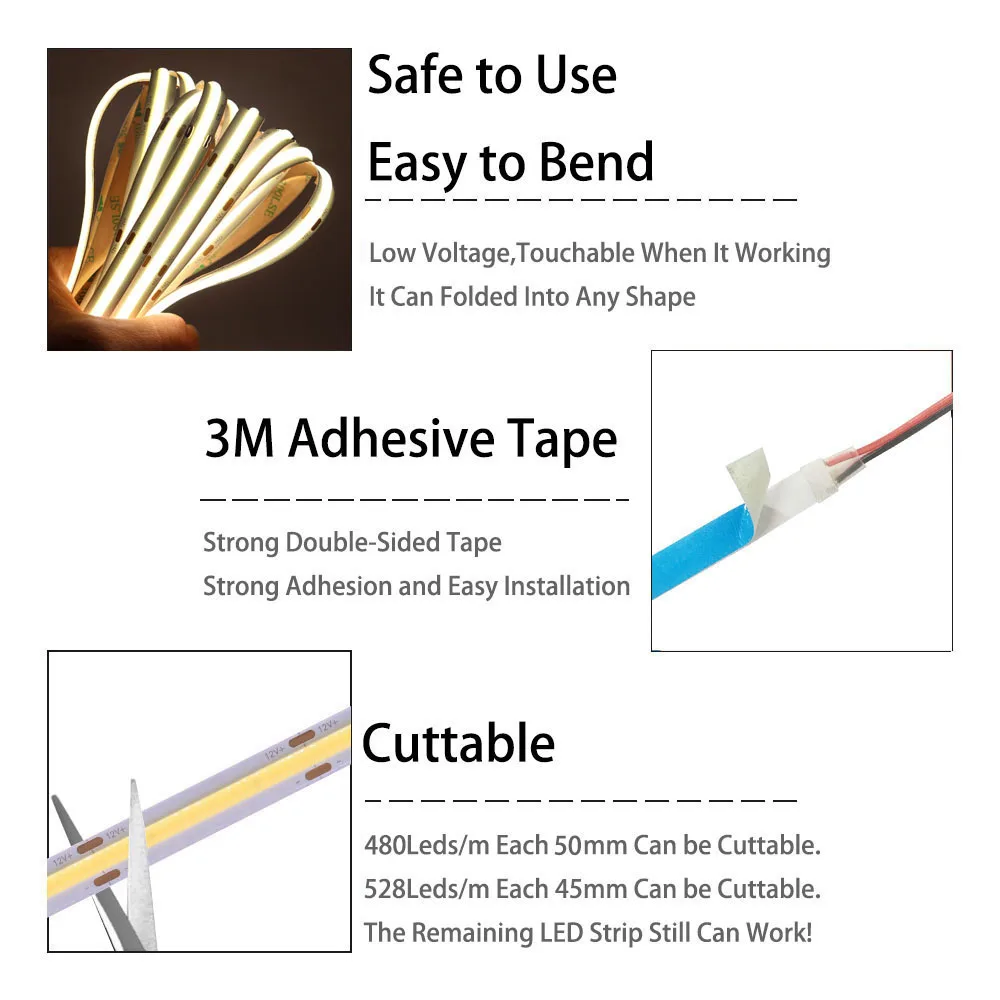 COB LED Strip Light ความหนาแน่นสูง Linear Lighting 480/528 LEDs/M เทปยืดหยุ่นธรรมชาติสีขาวสีแดงสีฟ้าสีเขียว Decor DC12/24V
