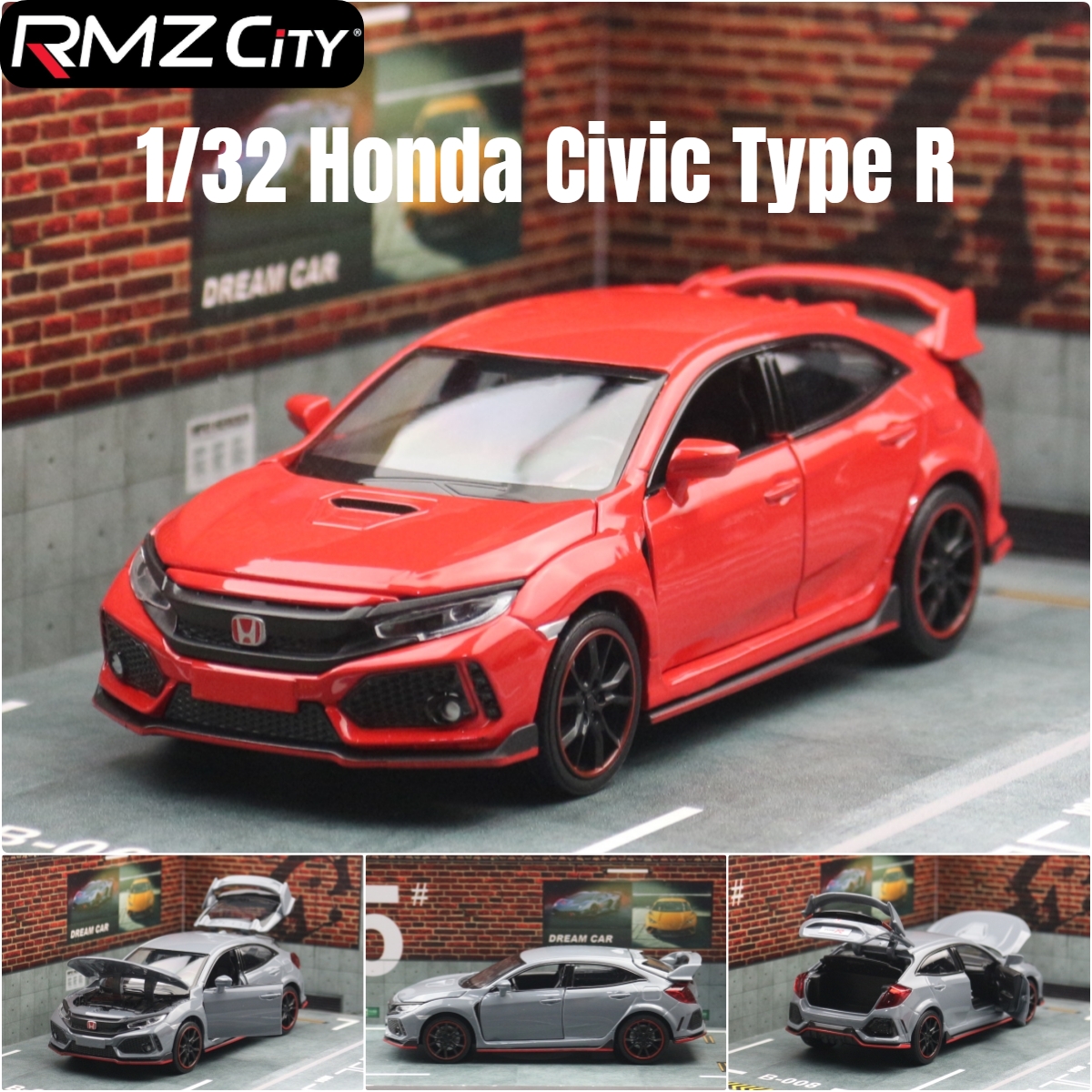 Coche de juguete Honda Civic Type R para niños, modelo en miniatura fundido a presión, puertas extraíbles, colección de luz de sonido que se puede abrir, regalo para niños, 1/32