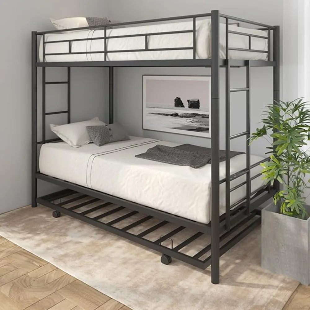 Twin Over Twin Metal Bunk Bed with Trundle Heavy Duty Twin Size Bunk Beds Frame with 2 Side Ladders,Bunkbed