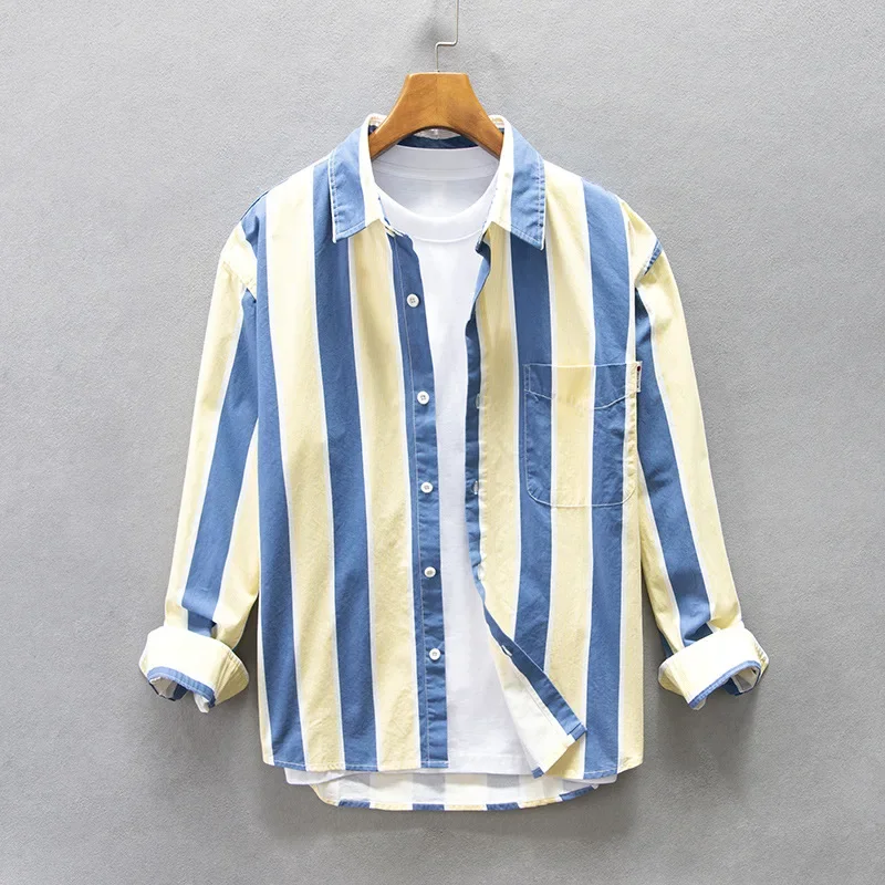 Camisas informales holgadas con bolsillos para hombre, Tops cómodos de algodón a rayas azules y amarillas, ropa de otoño e invierno, 2023