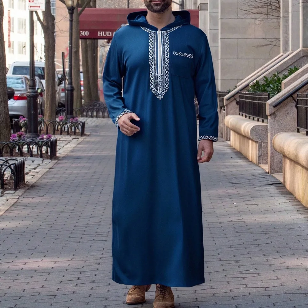Muslimische Männer Lange Robe Jubba Thobe Stickerei Kapuzen Abaya Kleid Dubai Kaftan Ramadan Marokko 2025, islamisches Saudi-Gebet Dishdasha