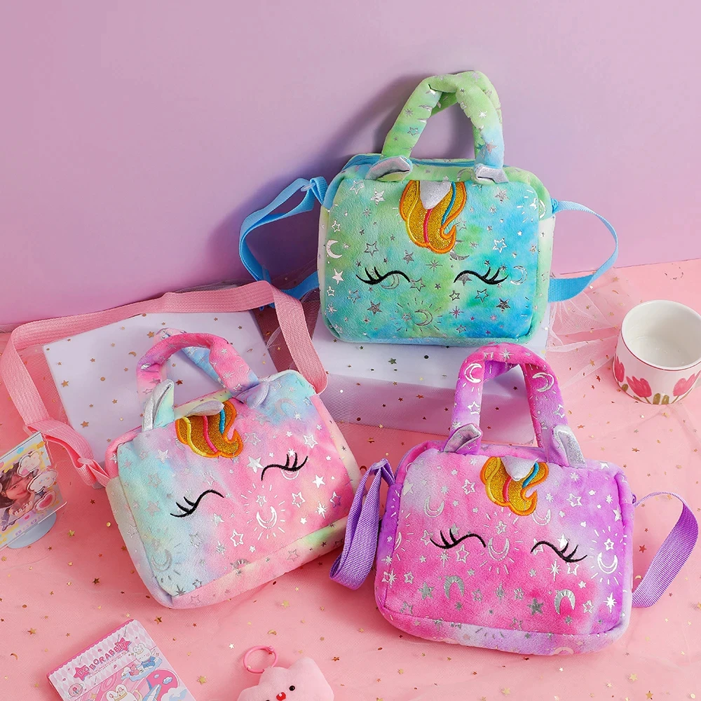 Plush Unicorn กระเป๋า Crossbody สําหรับสาวเด็กไหล่กระเป๋าน่ารักนักเรียนของขวัญดินสอกระเป๋าสตางค์เหรียญกระเป๋าเดินทางอุปกรณ์เสริม