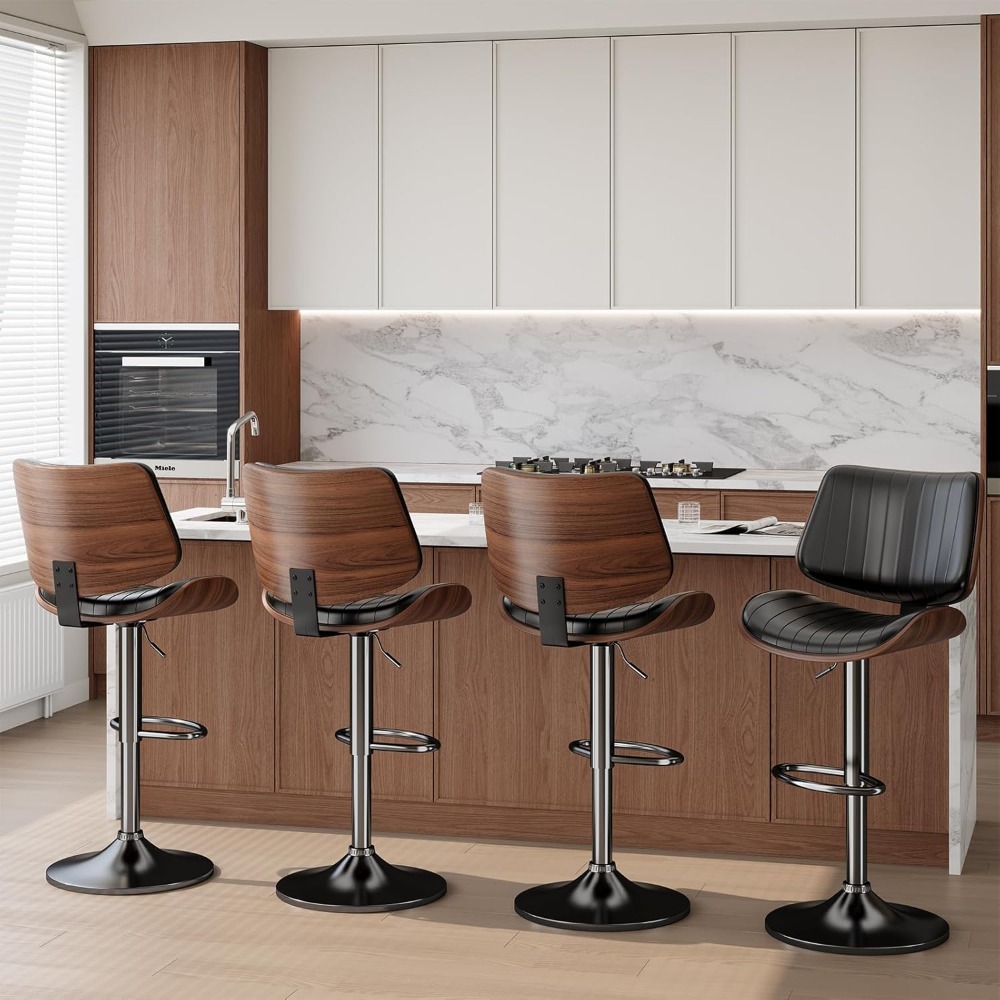 Swivel Bar Stools Set of 4, Adjustable Bentwood Barstools for Kitchen Counter, Modern PU Leather Upholstered Bar Chair