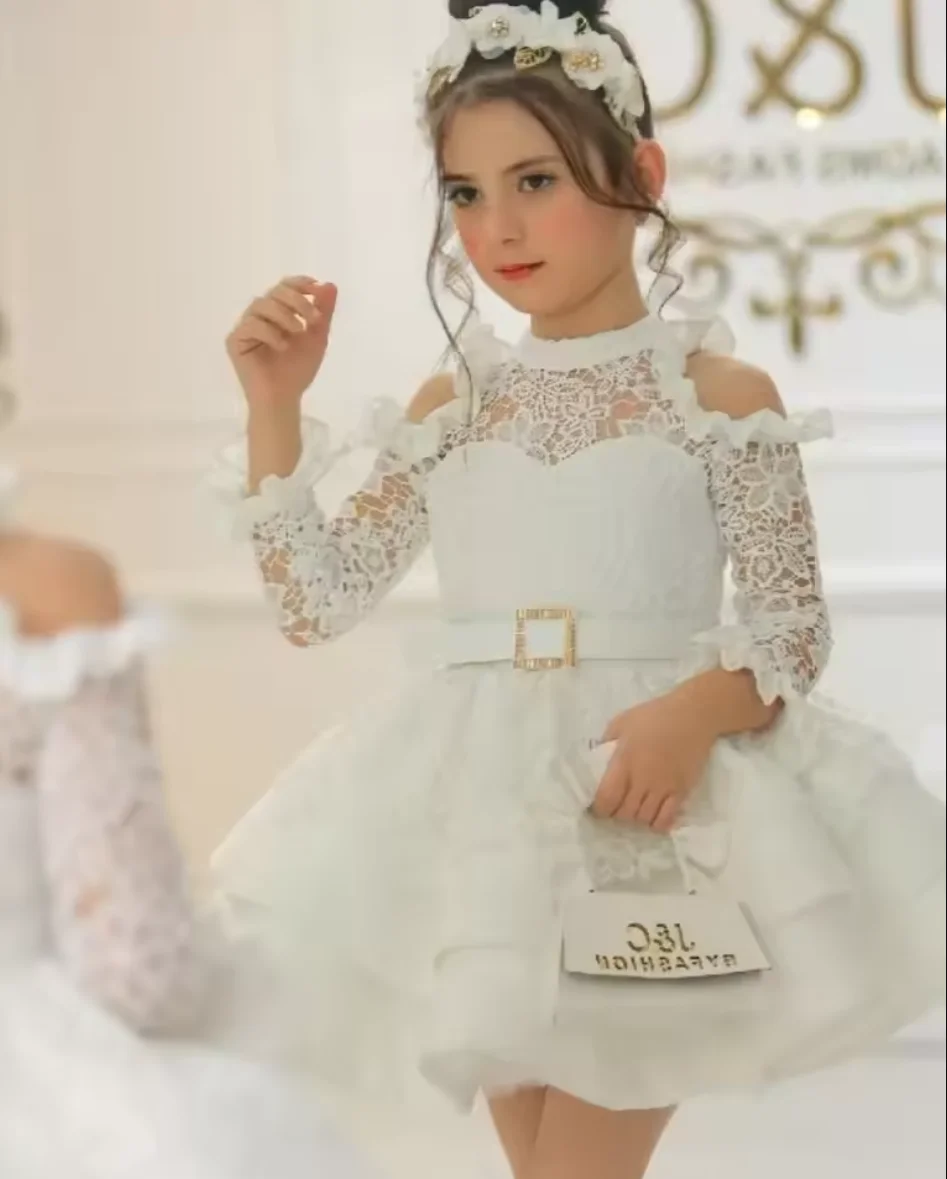 Vestido de niña de flores para niña de comunión linda princesa cuello alto con manga de ilusión Corest de encaje falda esponjosa vestido de baile parte Formal