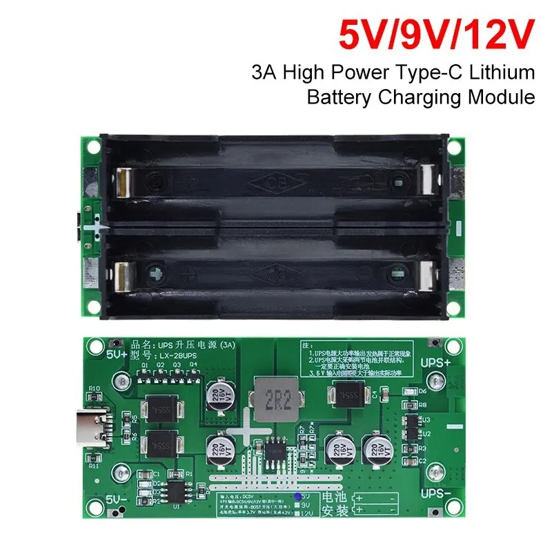 Tipo-C 15W 3A Fonte de alimentação UPS de carga rápida / Módulo de carregador de bateria de lítio 18650 DC-DC Step Up Booster Converter 5V 9V 12V
