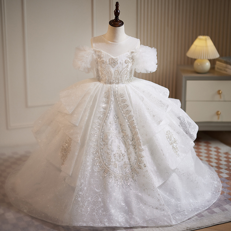 Robe de princesse en dentelle perlée pour enfants, robe de Rhde luxe, fleur de mariage blanche, robe de soirée de Noël pour filles, Off Initiated Trailing