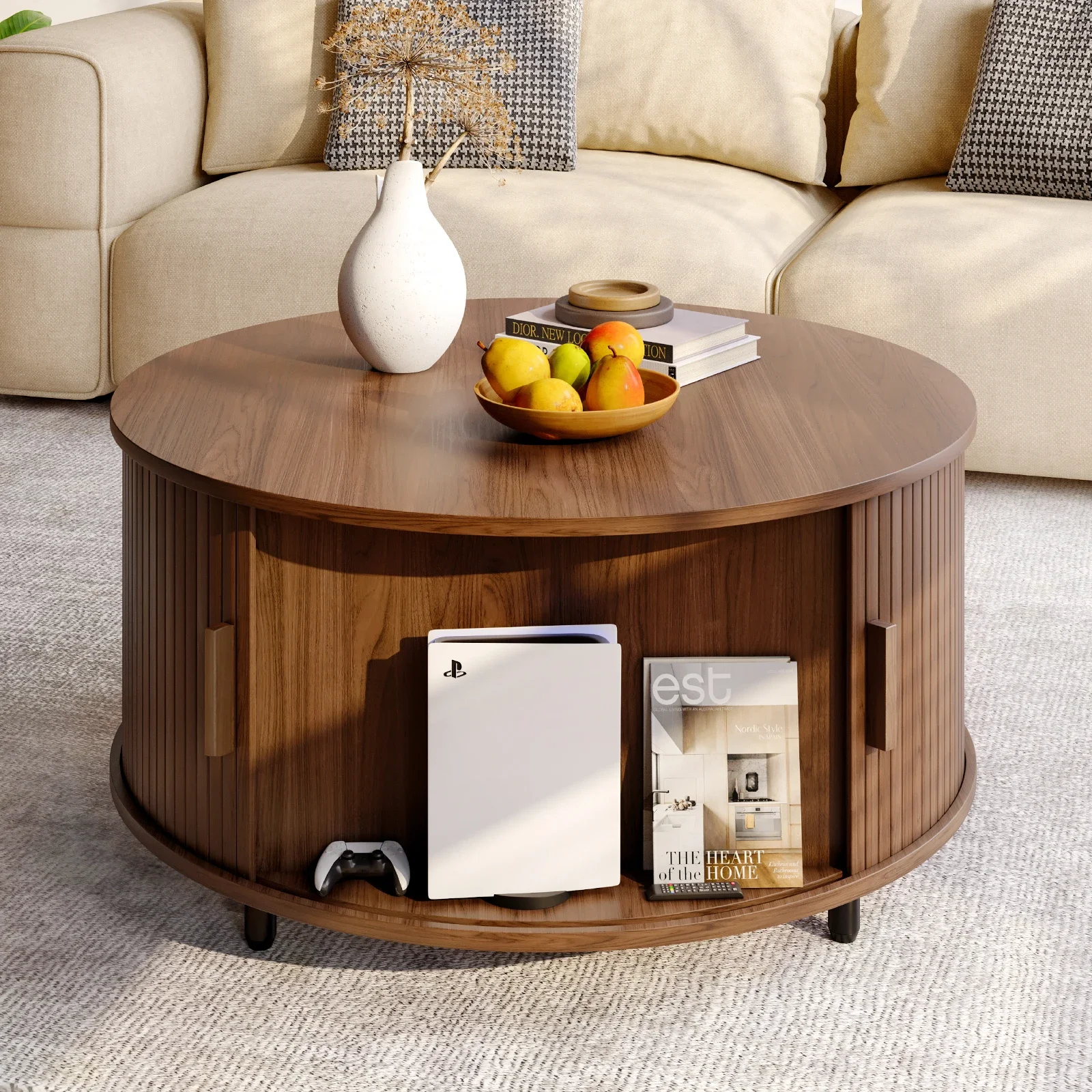 Mesa de centro redonda com armazenamento, mesa de centro de 51,5" com 360 °   Porta deslizante curvada, mesa de centro com detalhes em madeira dobrada