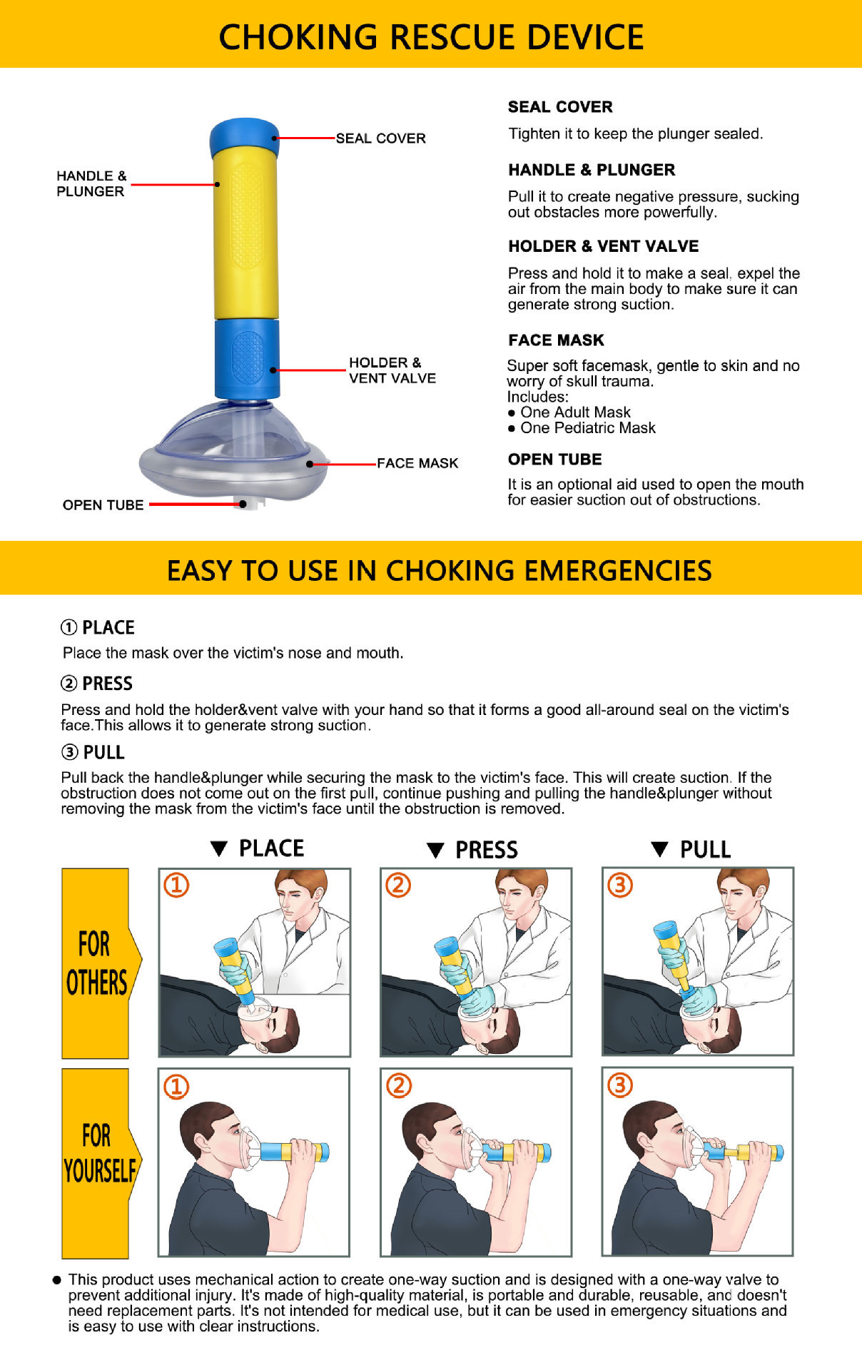 Anti-Erstickungsgerät, lebensrettende Saugkraft, Notfall-Anti-Sphhyxie-CPR-Trainingsmaske, Erste-Hilfe-Set für Erwachsene und Kinder, Heimbettung