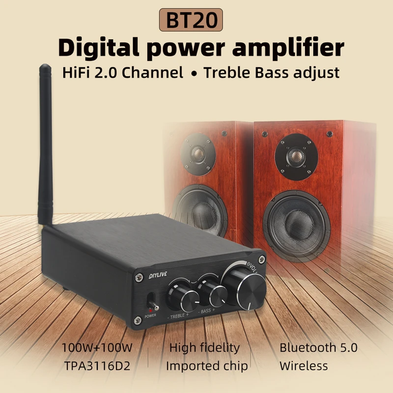Amplificador de potencia de Audio Digital HiFi 2,0 TPA3116D2 100W * 2 Bluetooth 5,0 ajuste de agudos y graves tonales BT20