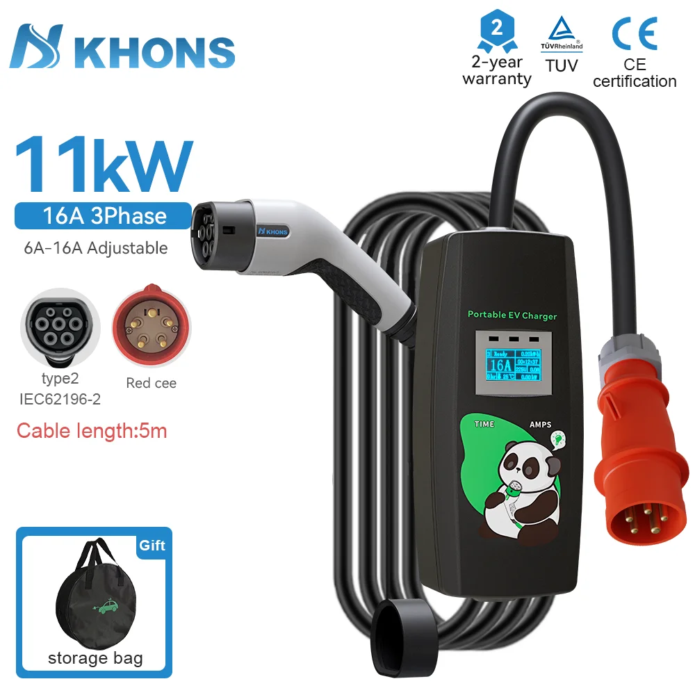 Cargador de coche eléctrico Khons, cargador portátil trifásico 16A tipo 2, caja de carga EVSE, enchufe Cee, cargador de coche eléctrico IEC62196