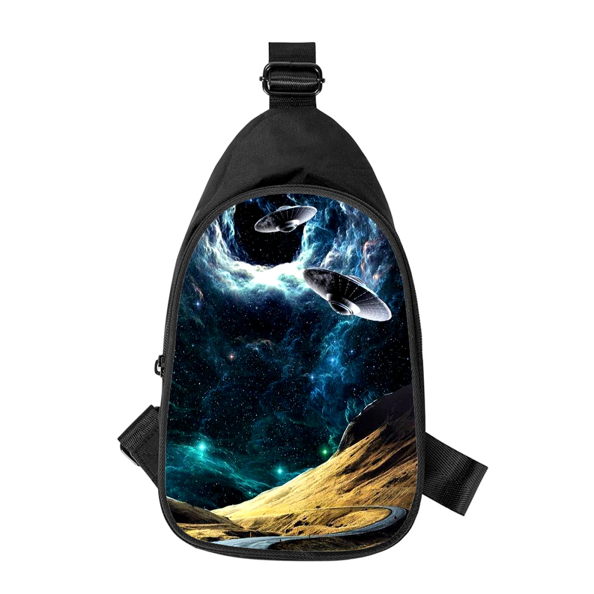 Bolso de pecho cruzado diagonalmente para hombre y mujer, bolsa de hombro con estampado de nave espacial UFO, paquete de cintura escolar para marido, nuevo