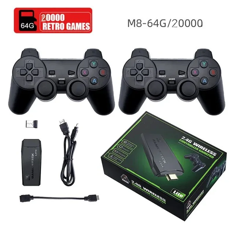 Retro Video Game Console Stick M8 Wireless Controller 4K 20000 Emulators 9 Built-in Games PS1 Compatible Gift for Kids