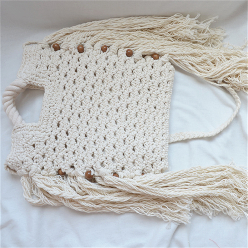 Novo fio de algodão grosso borla saco de palha oco ombro tecido bolsa casual bolsa de praia