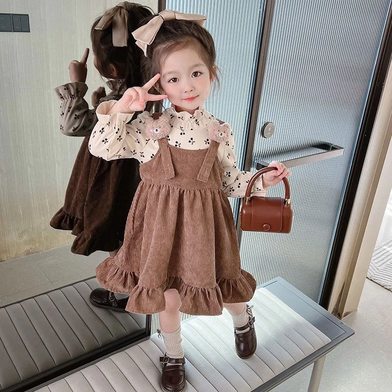 ‌ Vestido de ante de manga larga para niña, primavera y otoño, con bonito traje informal con estampado de oso de cereza, 2025 ‌