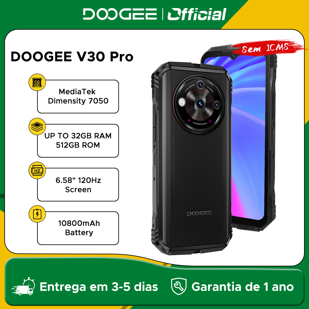 DOOGEE V30 Pro Telefone robusto Câmera de 200 MP Dimensity 7050 Smartphone 5G Tela FHD de 6,58" 10800mAh 32 RAM+512 ROM
