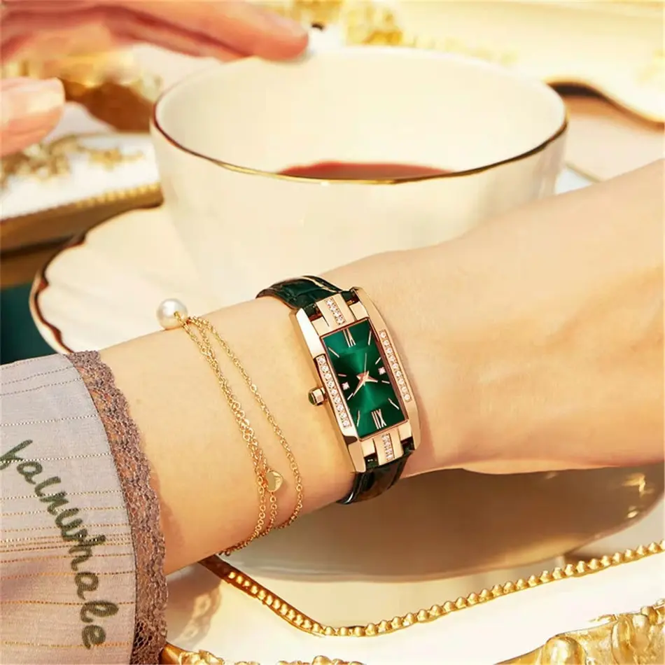 Relojes cuadrados de moda para mujer, reloj de cuarzo para mujer, conjunto de pulsera de cuero simple con esfera verde, relojes de lujo para mujer