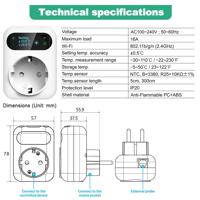 Termostato de enchufe WiFi, enchufe de salida inteligente Tuya, controlador de enchufe Wifi inteligente, controlador de temperatura, calefacción con Alexa y Google Home