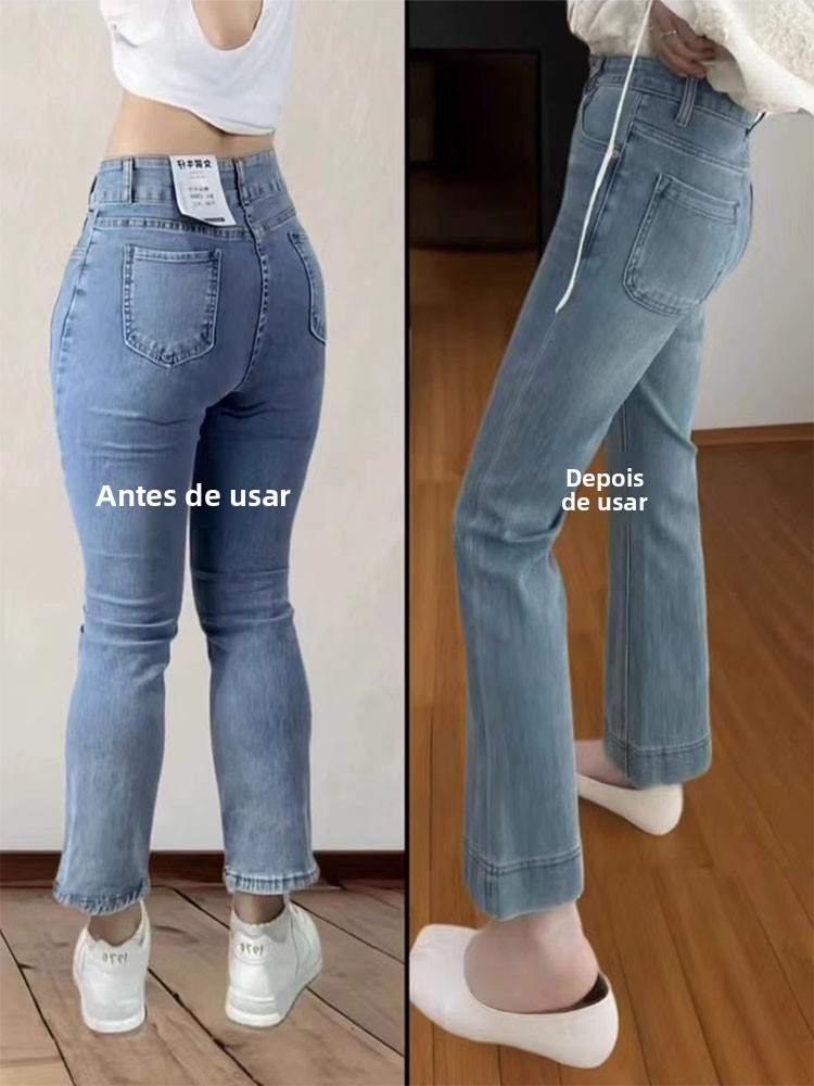 Calças Jeans Micro Flare de Cintura Alta e Elásticas para Mulheres, Tamanho Plus, Crimento até o Tornozelo, Estilo Slim St...