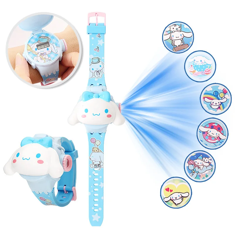 3D รูปแบบโปรเจคเตอร์ Hello Kitty นาฬิกาเด็กการ์ตูนใหม่ Kuromi LED นาฬิกาของเล่นเด็กสายรัดข้อมือนาฬิกาของขวัญ
