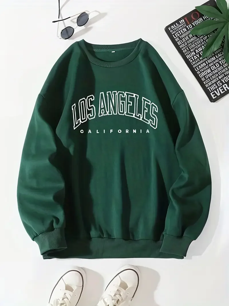 Sudadera con capucha con estampado de Los Ángeles, sudadera de manga larga con cuello redondo, jerséis informales, sudadera para invierno y otoño, ropa de mujer