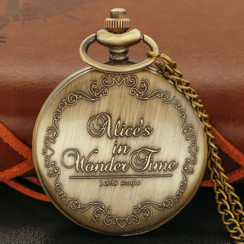 Reloj de bolsillo de cuarzo característico hueco de conejo de póker Alice de cuento de hadas de bronce, collar Retro para hombre y mujer, colgante de regalo