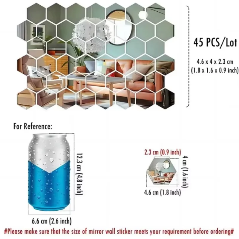 Adesivo de parede espelhado 45 peças, adesivo de arte de parede hexagonal, adesivo de azulejos decorativos domésticos DIY