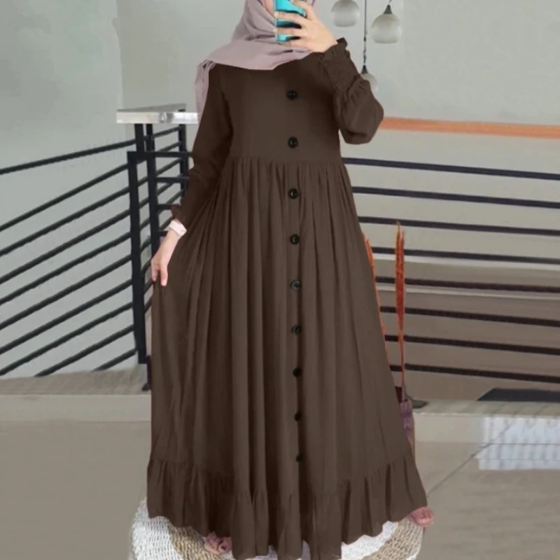 2024 新イスラムアバヤドレス綿と麻アートレトロカジュアルローブファム Muselmane ルーズラウンドネックフリル女性のドレス