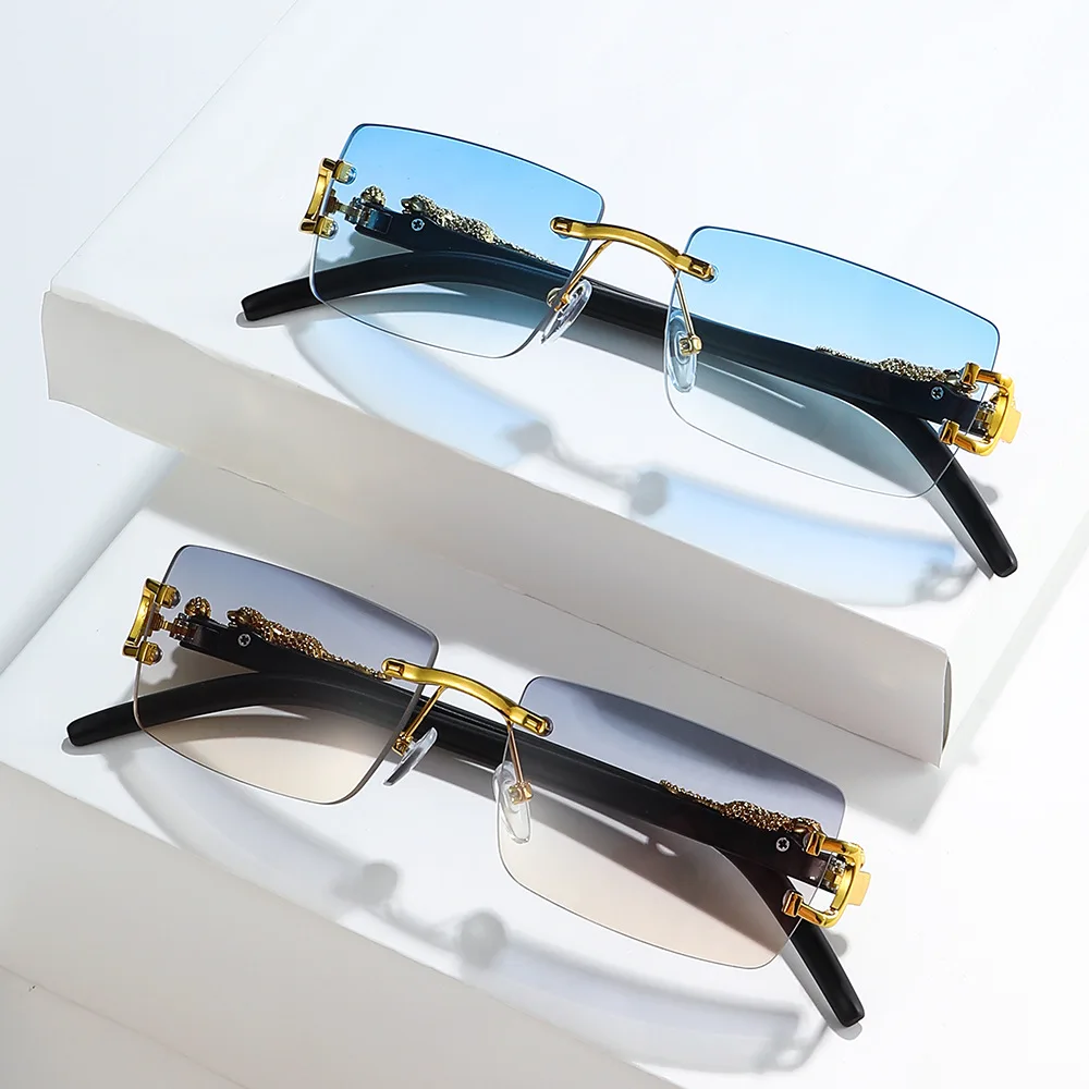 Moda sem aro óculos de sol feminino masculino cheetah decoração retangular marca designer óculos de sol
