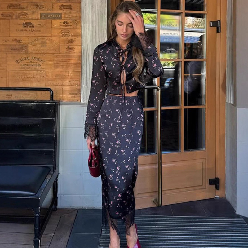 Tornova кружевной топ с цветочным принтом и юбкой, костюмы, женский кардиган на шнуровке с длинными рукавами, модная тонкая длинная юбка, женские костюмы, осень