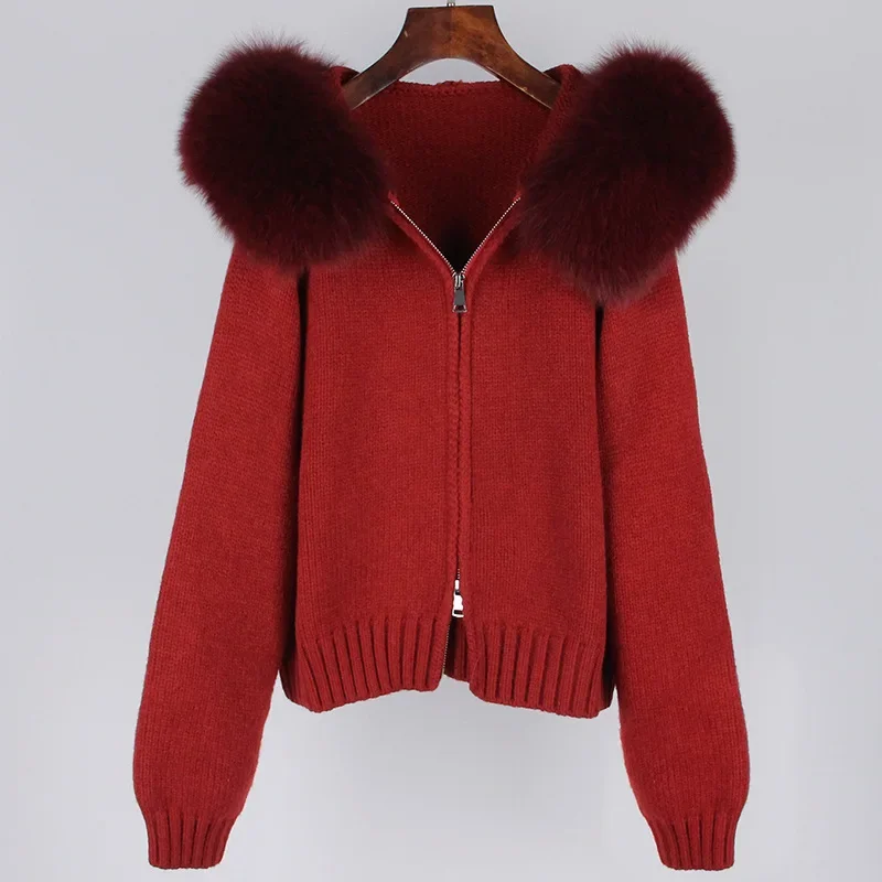 2024 moda americana outono inverno feminino casual com capuz gola de pele de raposa real moda jaqueta curta de malha com casaco de pele natural