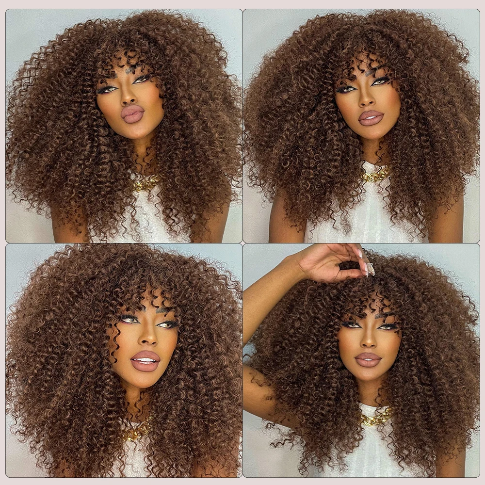 วิกผมหยิกสําหรับผู้หญิงสีดําสั้น Kinky Curly Afro วิกผมกับ Bangs 16 นิ้วสีน้ําตาล Afro ผมเส้นใยสังเคราะห์คอสเพลย์