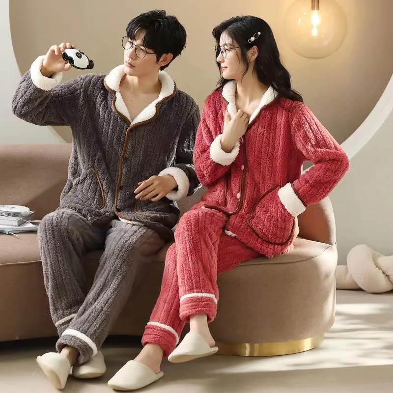 Pyjamas Winter Korallen Samt Verdickt und Fleece Langarm Hosen Flanell Zwei-stück Set Gemütliche Thermo Pyjamas Sowohl Männer frauen