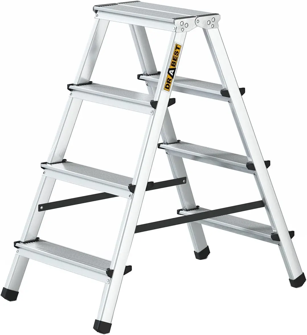 Scaletta bifacciale in alluminio 4 gradini capacità 125 kg Scaletta a forbice Piattaforma di lavoro 44 x 86,5 x 16 cm