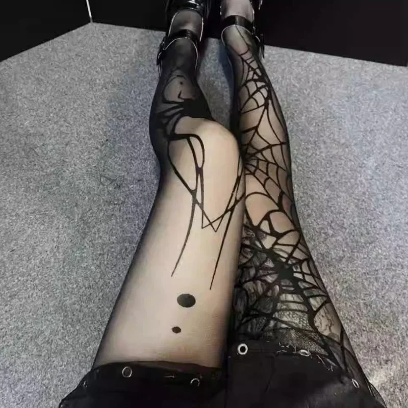 Medias góticas de seda con diseño de araña grande, medias de rejilla oscuras Vintage góticas para mujer, pantimedias sexis de bruja con telaraña alternativa Emo