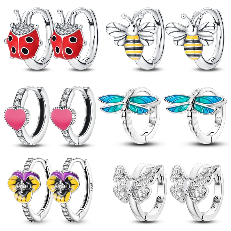 Springtime ต่างหูผู้หญิง 925 เงินสี Original Charm Double Hoop ผีเสื้อแมลงต่างหูเครื่องประดับของขวัญวันเกิด