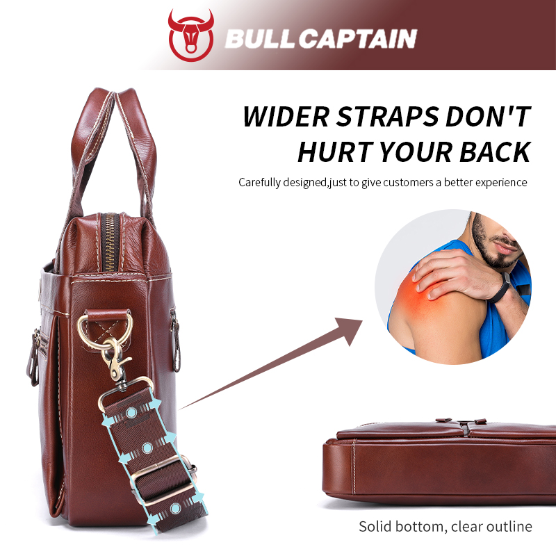 BULLCAPTAIN-maletín de hombro de cuero genuino para hombre, bolso de mano de 14 pulgadas para ordenador portátil, maletín Simple de moda para oficina y negocios