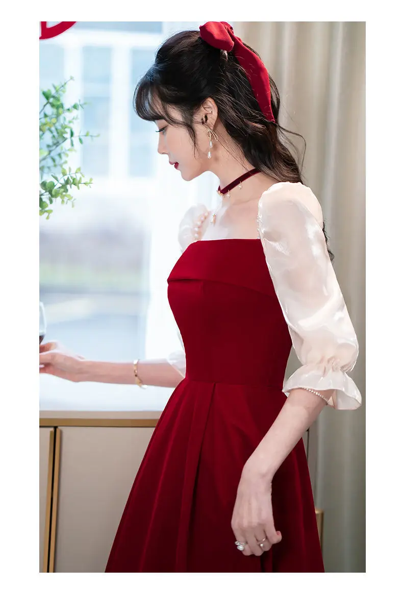 ワインレッドの高級サマードレス、小さな夏のスカート、トーストドレス、花嫁のために、毎日の婚約ドレスに着用、2021