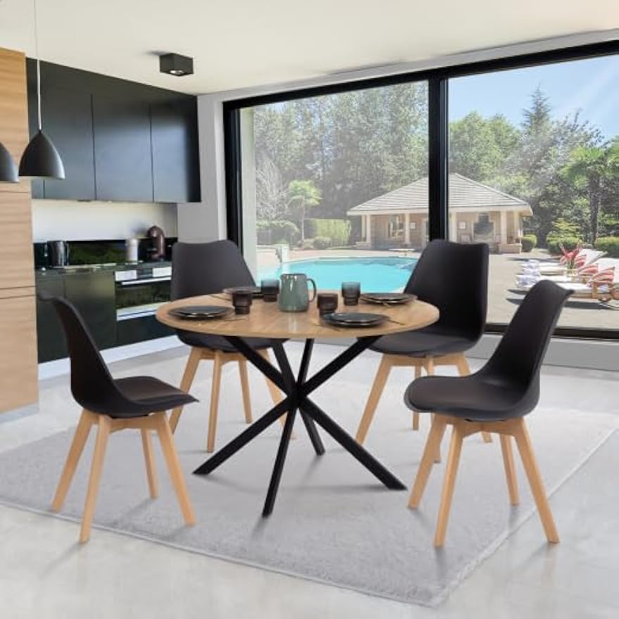 Mesa de comedor redonda para 4-6 personas, pastel en forma de araña, madera y negro