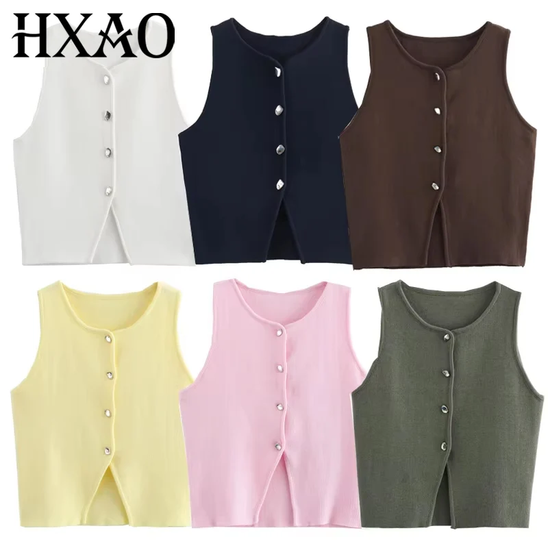Hxao feminino camisola colete recortado colete de malha mulher sem mangas branco azul colete feminino outono botão fino amarelo rosa coletes de malha