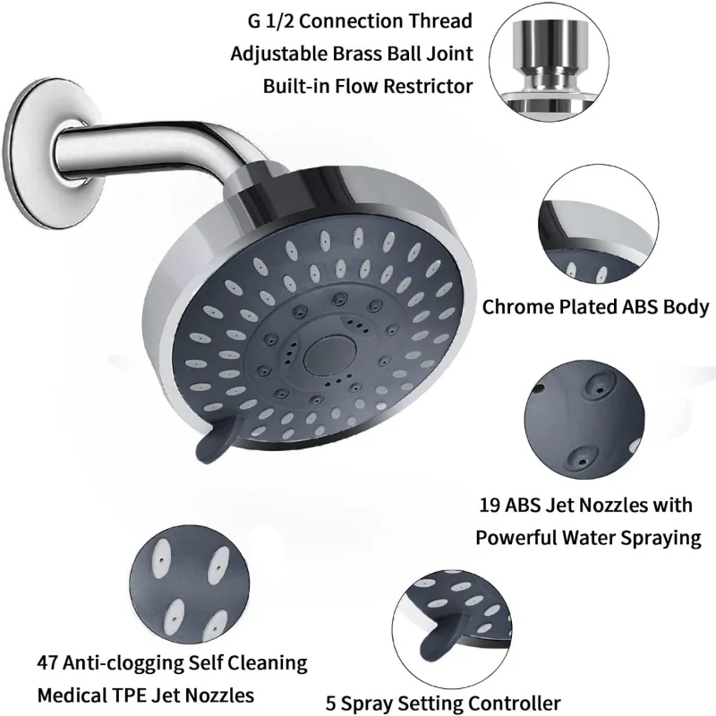 5 Modi Hochdruck-Duschkopf, 10,2 cm, hoher Durchfluss, feste Duschköpfe, Sprühgerät, Badezimmer, Regenduschkopf, Wasserhahn, Ersatzteil