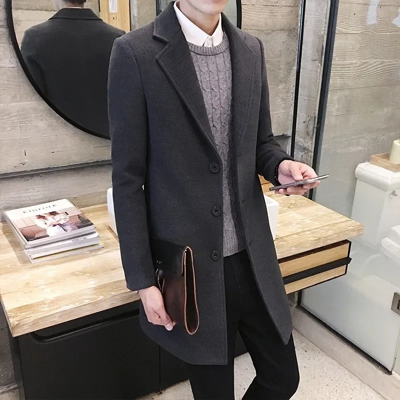 Abrigo largo de algodón para hombre, chaqueta cortavientos ajustada de mezcla de lana, Color puro, informal, moda de negocios, otoño e invierno, 2024
