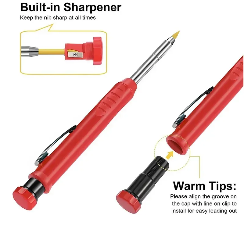 Lápiz mecánico de carpintero sólido de 2,8mm con sacapuntas para carpintería, construcción, lápiz de carpintero de cabeza larga, suministro de papelería