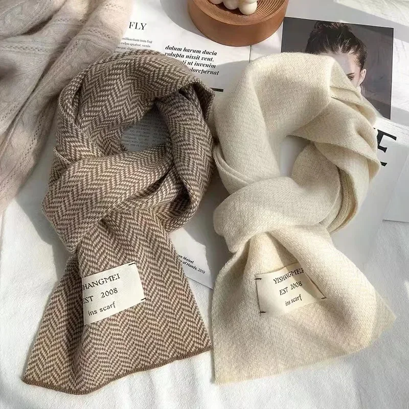 Bufandas de invierno para mujer, bufanda tejida de alta calidad, bufandas con patrón de rayas Vintage blanco de estilo coreano, bufandas cálidas para invierno y exteriores