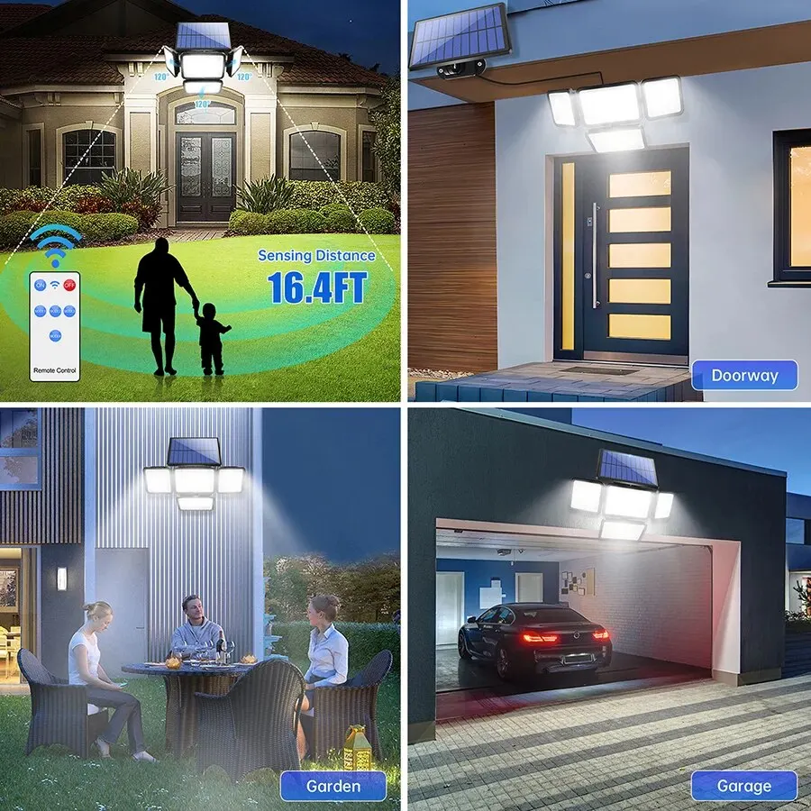 ไฟพลังงานแสงอาทิตย์สําหรับภายนอก 247 LED IP65 กันน้ํา 800lm โคมไฟติดผนังพลังงานแสงอาทิตย์พร้อมรีโมทคอนโทรล 4 หัวพลังงานแสงอาทิตย์น้ําท่วมไฟถนน