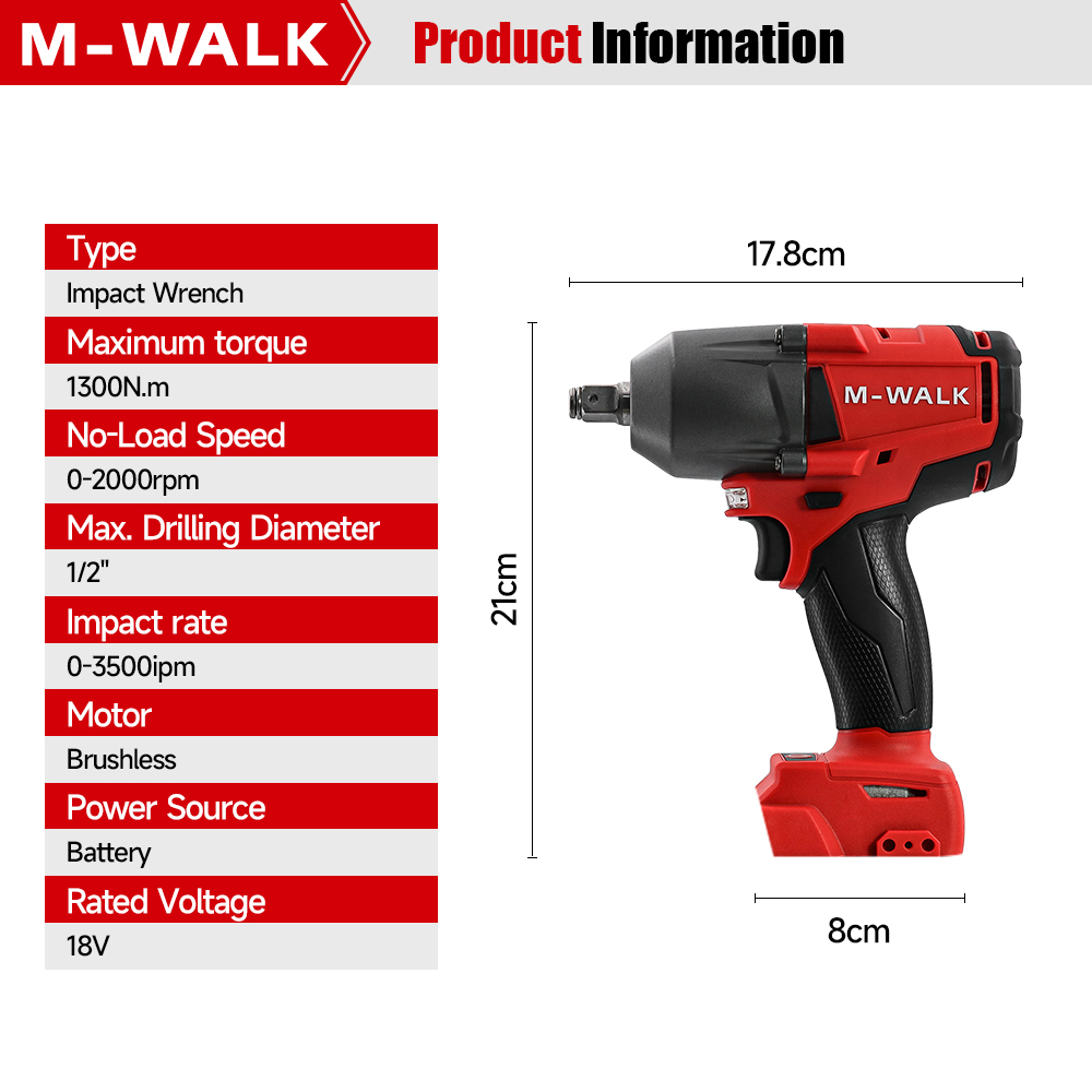 M-WALK Strumento 1300N.M Avvitatore a percussione senza spazzole Chiave elettrica a batteria Cacciavite da 1/2 pollici Utensile elettrico per Milwaukee 18V Batteria Pin