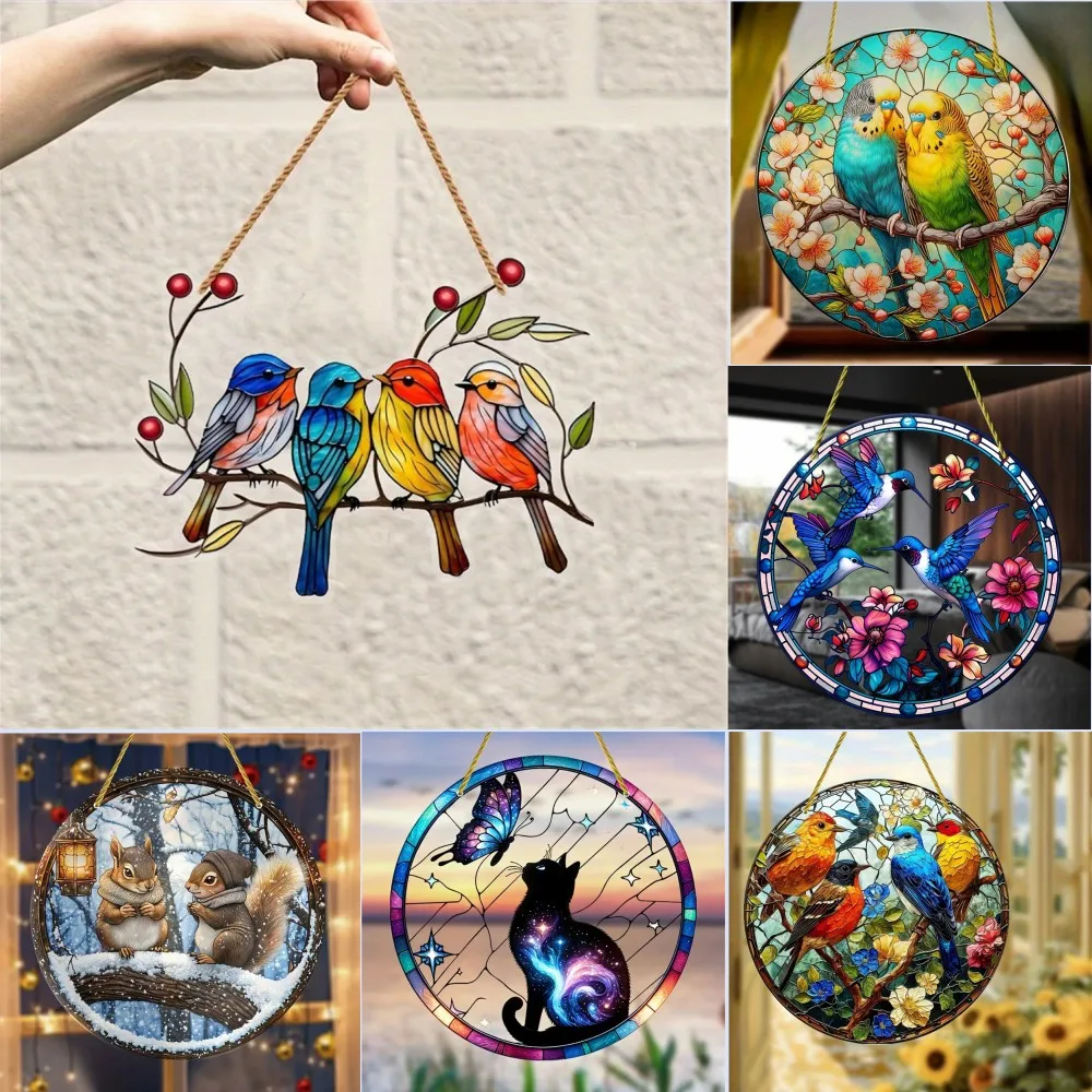 Creative Hummingbird Stained Window Hanging Suncatcher Acrylic Signs Decoration Round Garland Decoration Decor Porch Decoration